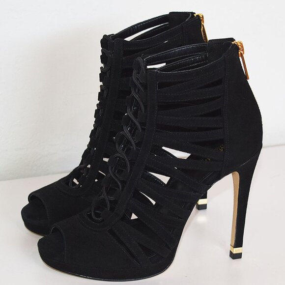Michael Kors Clarissa Black Suede Platform Peep-Toe Zip Heel - Picture 1 of 16